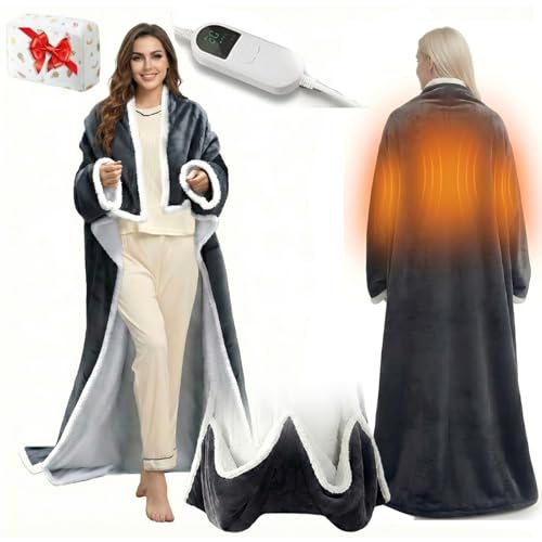 XKrmp Wearable Heated Blanket with Sleeves and Foot Pocket, Electric Heating Robe Throw for Women Men, 8 Heat Settings, 12H Auto Shut-Off, Fast Heating Flannel Fleece