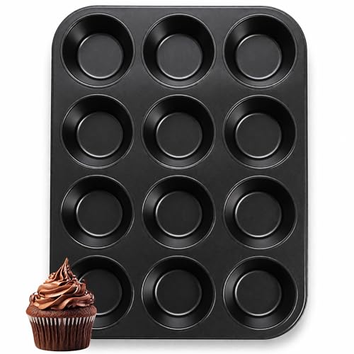 ANGIX 12 Cup Muffin Tray Non Stick Baking Tin - Deep Cupcake Pan for Oven Baking Carbon Steel Cake Mould for Muffins Cupcakes & Yorkshire Pudding Easy Release & Dishwasher Safe