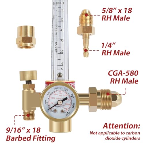 Abizarch HTP Argon CO2 Mig Tig Flow Meter 0-4000 PSI nitrogen regulator flow meter 10-60CFH Adjustable Argon Regulator Copper Flowmeter Gauge for Argon Helium Nitrogen(yellow) by Abizarch - Image 3