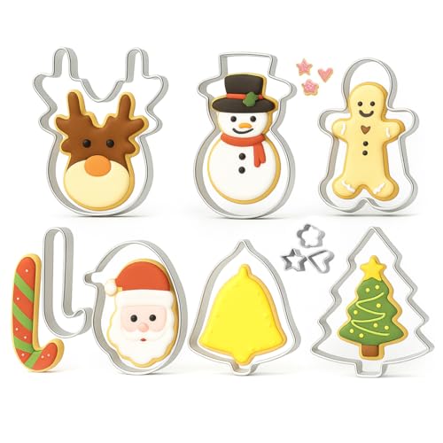 10 cortadores de galletas navideños divertidos de acero inoxidable: reno, árbol de Navidad, cara de Papá Noel, estrella y campana, para hornear pasteles, fondant y galletas