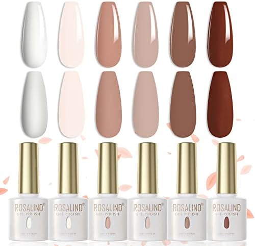 ROSALIND Nude Gel Polish Set, 6 Colors White Nude Gel Nail Polish All Seasons Brown U V/LED Gel Nail Polish Manicure Nail Art Gifts for Women Girls