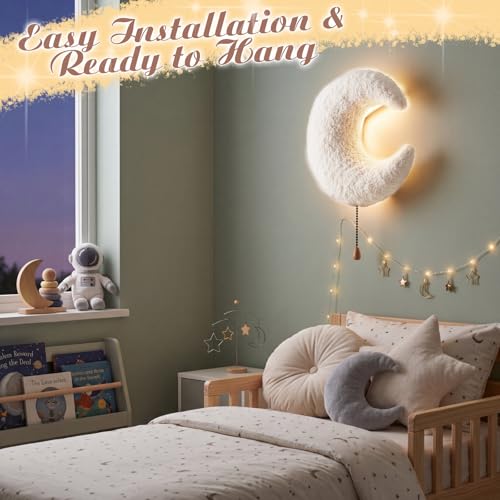 Image of Aurelema Fluffy Moon Night Light Wall Lamp Sleeping Nursery Lighting Cute Floating Battery Operated Hanging Lamp for Baby Boys Girls Bedroom Room Nursery Wall Decorations