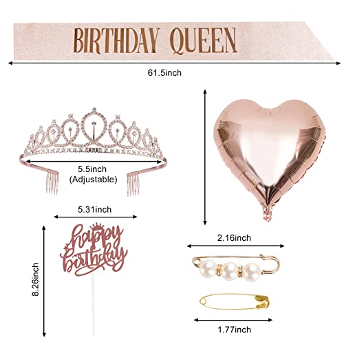 Frigatebird Birthday Girl Sash & Rhinestone Tiara Crown With Cake Topper Brooch Balloons For Women Girls Birthday Gift Kit Glitter Decoration Supplies Party Favors, Rose Gold #TOP4