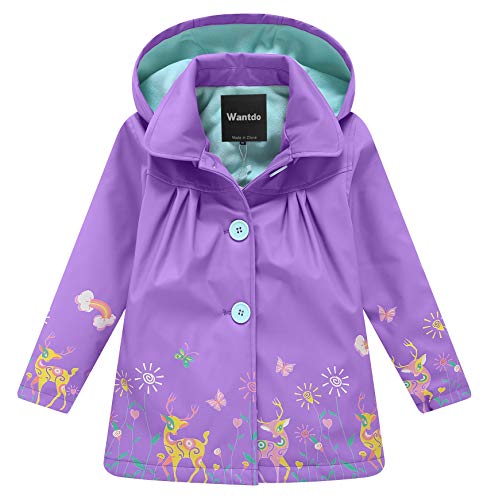 Wantdo Girl's and Boy's Hooded Rain Jacket Windproof Fleece Raincoat(Purple, 7-8Y)
