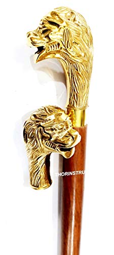 Nautical Beautiful Brass Finish Walking Stick Collectible Wooden Cane with Brass Lion Handle Rustic Vintage Home Decor Gifts