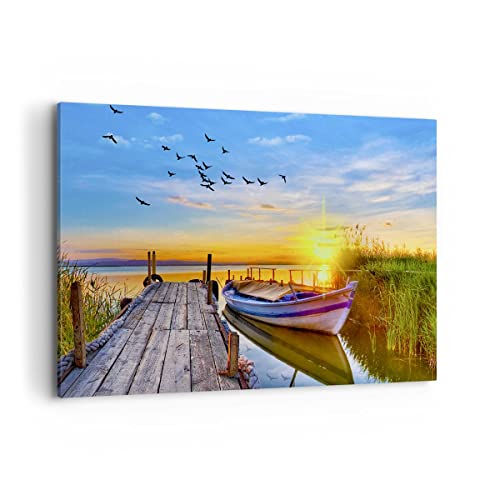 Impression sur toile - Image sur Toile - Un élément - lac bateau eau - 100x70cm - Decoration murale - Tableaux Décoration - Encadrée - Tableau Mural - Tableaux pour la mur - Moderne - AA100x70-3983