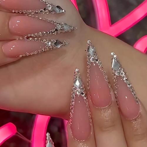 BABALAL Long Stiletto Press on Nails Silver Bling Fake Nails Fren...