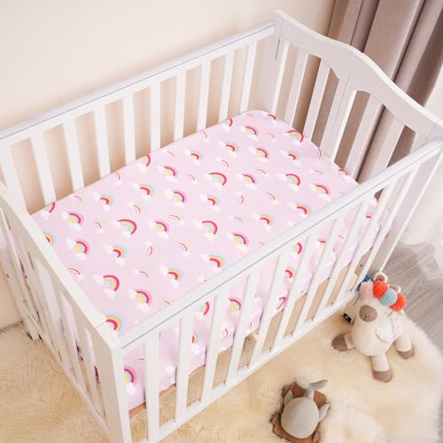 Image of david's kids 3 Pack Mini Crib Sheets, Soft Breathable Premium Pack N Play Sheets for Baby Girls Neutral, Playard and Mini Crib Mattresses, Rainbow