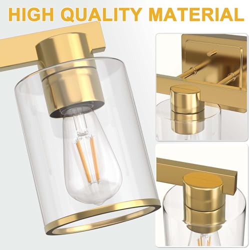 Image of L LOHAS LED Gold Bathroom Vanity Light Over Mirror, 3 Lights Bathroom Light Fixture with Clear Glass Shade, Modern Vanity Light for Living Room Hallway Cabinet Bedroom