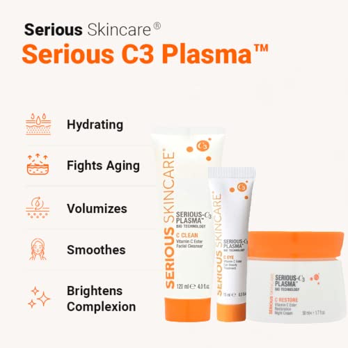 Serious Skincare - Serious C3 Plasma Night Trio -C-Restore Night Cream, C Eye Beauty Treatment With Vitamin C Ester And C Clean Facial Cleanser - Makeup Bag - Mature Dry Skin - Smooth And Brighten Face & Neck #TOP1