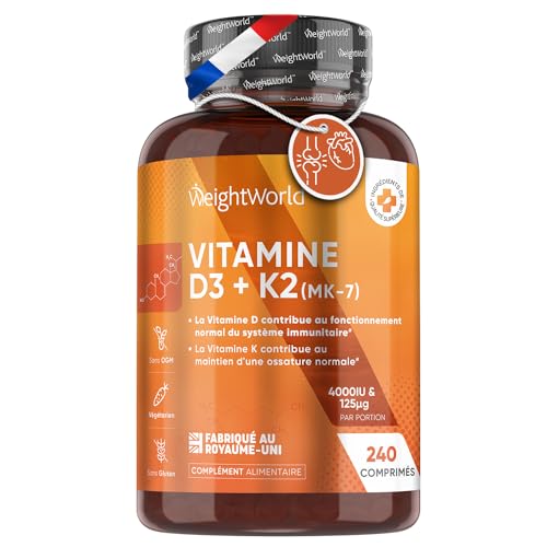 Vitamine D3 K2 (MK7) 4000 UI Cholécalciférol + 125µg Ménaquinone - 240 Micro Comprimés Végétariens - 1 Comprimé Tous les 2 Jours - Dosage Élevé Pour les Os, les Muscles & le Système Immunitaire