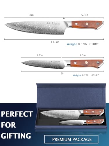 Knife Set, Damascus Knives 2pcs | VG-10 Core Sharp Blade & Ergonomic Natural Rosewood Handle | Full Tang Kitchen Knife Forged 67 Layers Damascus Stainless | Gift Box - Image 4
