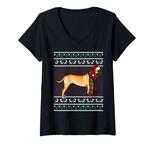 Womens Xmas Bullmastiff Dog Santa Hat Ugly Christmas V-Neck T-Shirt, Black