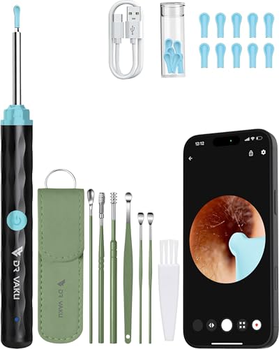 Image of Dr Vaku Earocam Ear Cleaner Earwax Removal Tool with Extra Cleaning Kit (Set of 7) HD Camera Wifi Connection & 6 LED Lights Endoscope Tool + 11 Silicone Tips Free & Storage Case-Black /Green