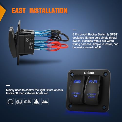 Nilight 2 Gang LED Light Bar Pod Lights Rocker Switch Panel 12/24V | Waterproof Toggle Button Pre-Wired Aluminum Plate for Spot Flood Lights Marine Boat Car ATV UTV Blue by Nilight - Image 6