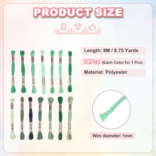 Image of PATIKIL 14 Skeins Embroidery Floss, Polyester Embroidery Threads Bracelets String for Cross-Stitch Hand Embroidery, Multicolored Emerald Green
