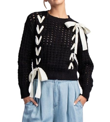 Amazon.com: Women Ribbon Lace Up Sweater Crew Neck Long