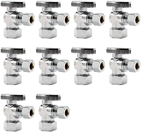 PURAGEIR 10 Pack Angle Stop Valve,1/2" Nominal Comp (5/8"OD Comp,Fits 1/2" Copper Pipe) X 3/8'' OD Compression Quater Turn Elbow Valve, 5/8 Inches OD X 3/8 Inches OD Shut Off Valve,Chrome