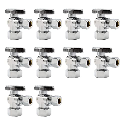 Purageir 10 Pack Angle Stop Valve,1/2" Nominal Comp (5/8"Od Comp,Fits 1/2" Copper Pipe) X 3/8'' Od Compression Quater Turn Elbow Valve, 5/8 Inches Od X 3/8 Inches Od Shut Off Valve,Chrome #TOP14