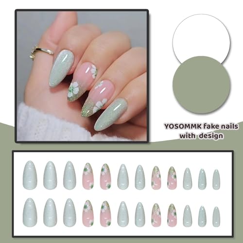 YOSOMMK Green Press on Nails Medium Cat Eye Almond Fake Nails with Flower Glitter Designs Glossy Acrylic Nail Spring Glue on False Nail for Women - Image 4