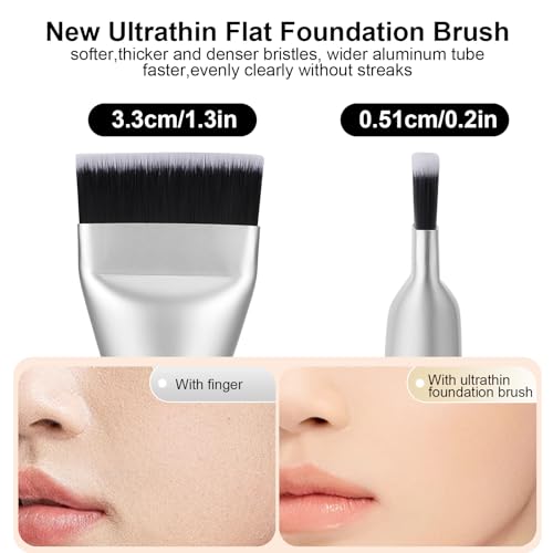 BEAUTYFACTOR Flat Foundation Brush and Powder Puff Set, Korean Makeup Brush Teardrop Sponge for Liquid Foundation,Premium Face Makeup Brush Sponge for Blending Cream Setting Powder