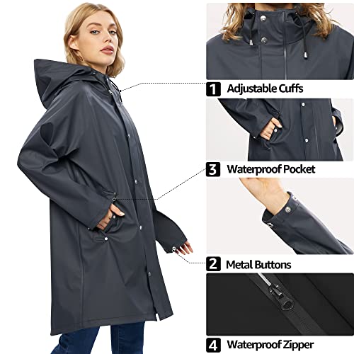 UNIQUEBELLA Raincoat for Women Outdoor Hooded Jacket Rain Jackets Waterproof Breathable Windbreaker-Black