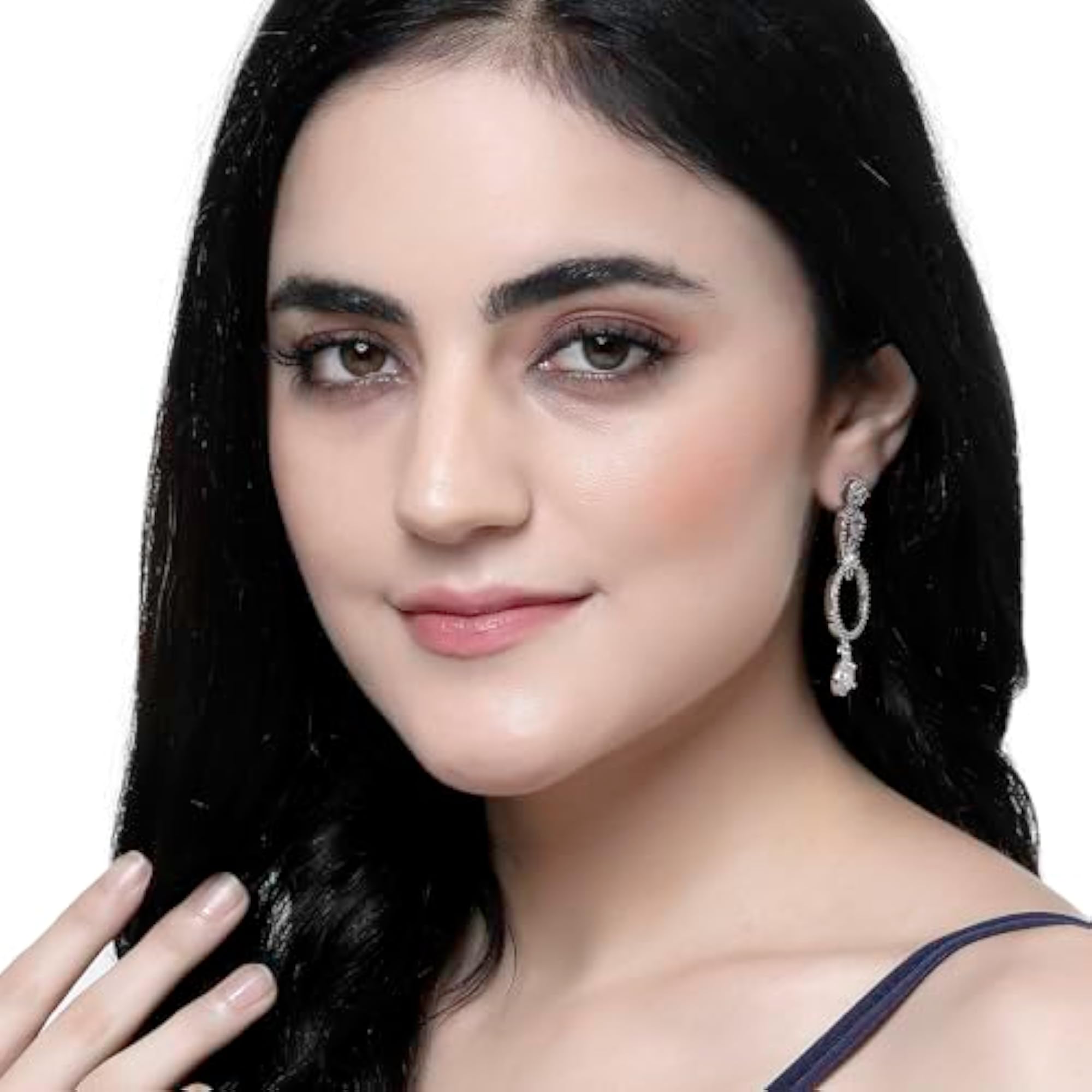 Rhodium-Plated Circular Drop Earrings with American Diamond