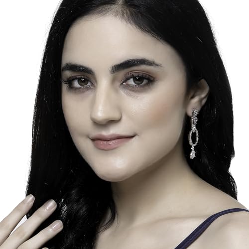 Rhodium-Plated Circular Drop Earrings with American Diamond
