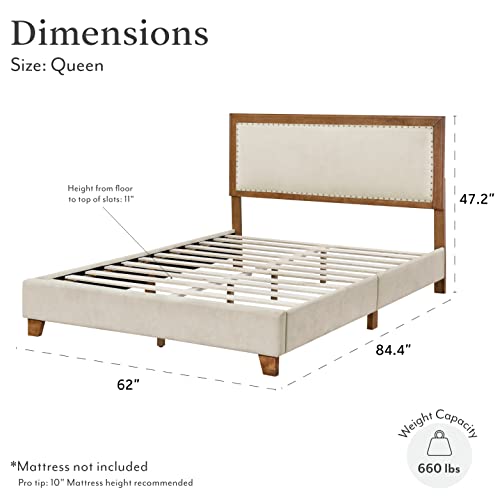 Dg Casa Gabriel Queen Upholstered Platform Bed Frame, Chic Nailhead Boarder, Walnut Color Finish, Solid Rubberwood, Timeless Design, Wooden Slat Support System, Mitered Corners, Cream #TOP1