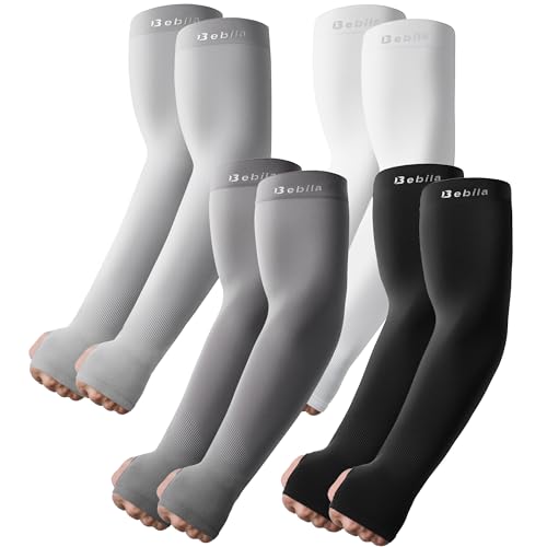 Bebila Arm Sleeves with Thumb Hole for Men Women Sun Protection Sports UV Cooling Sleeves for Football Golf Volleyball (Mix Grey Medium)