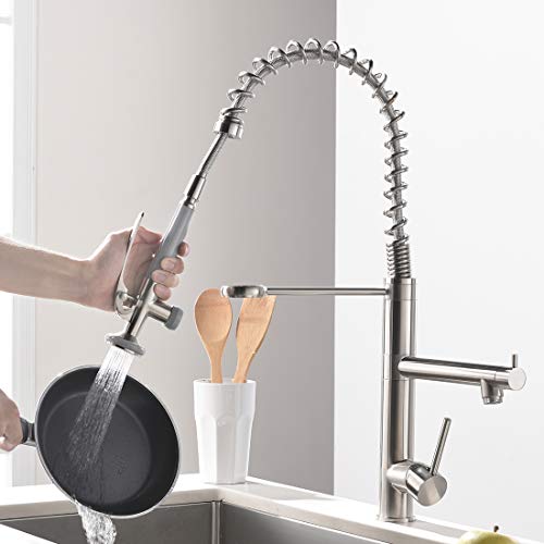 Commercial Kitchen Faucet With Pull Down Sprayer,Modern Single Handle High Arch Pre-Rinse Spring Kitchen Sink Faucet,Brushed Nickel #TOP3