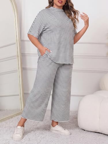 Image of Women's Plus Size 2 Piece Outfits Batwing Sleeve Top Wide Leg Lounge Set | Crew neck top, Cozy 2 piece lounge set, Casual