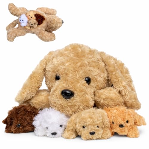 Plush Mother Dog with 4 Cute Baby Puppies – Soft Stuffed Labradoodle Dog Animal Toy Set for Kids with Giftable Canvas Bag