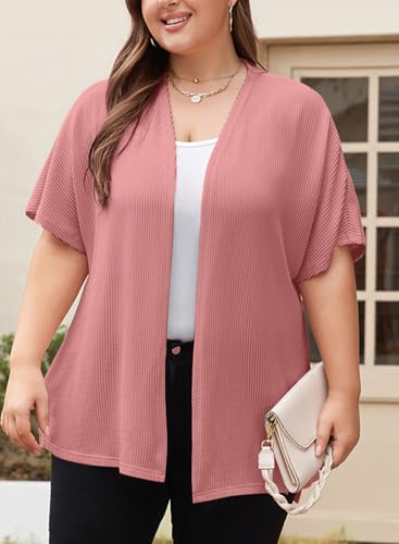 Image of Eytino Women Plus Size Lightweight Cardigan Half Sleeve Ribbed Knit Kimono Cardigans Tops(1X-5X)