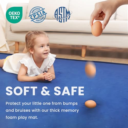 Image of Baby Play Mat for Floor,1.3 inch Thick Memory foam Tummy Time Mat,Soft Coral Velvet Nursery Rug,Extra Large Non Slip Crawling Mat for Toddlers,Infants,kids,oga,Tatami Style for Living Room(Royal Blue)