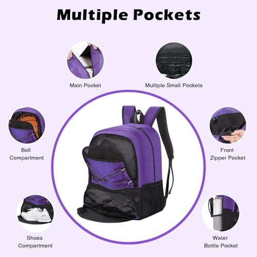 MoKo Mochila Bolsa de Fútbol, Mochila de Baloncesto para Hombres y Mujeres con Compartimentos Separados para Balón y Zapatillas, Bolsa de Equipamiento Deportivo para Ropa, Tablets, Portátiles, Morado - imagen 6