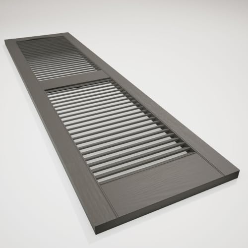 Builders Edge 14.5 in. W x 48 in. H Builders Edge, Standard Cathedral Top Center Mullion, Open Louver Shutters, Includes Matching Installation Spikes (Per Pair), 018 - Tuxedo Grey by Builders Edge - Used condition - Image 7