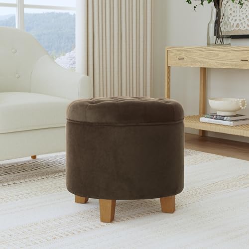 Homepop Home Decor | Upholstered Round Velvet Tufted Foot Rest Ottoman | Ottoman with Storage for Living Room & Bedroom | Decorative Home Furniture, Brown Velvet