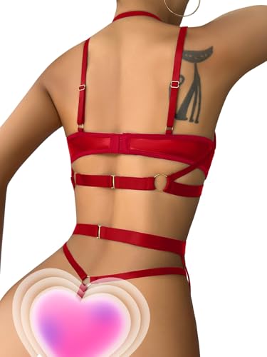 Image of Lilosy Sexy Pu Leather Strappy Underwire Garter Belt Lingerie Set