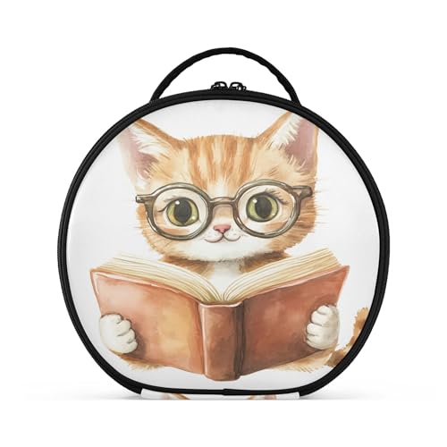 Takiito Cartoon Cat with Glasses Travel Makeup Case Portable Makeup Box Artist Cosmetic Case Organizer With Adjustable Dividers
