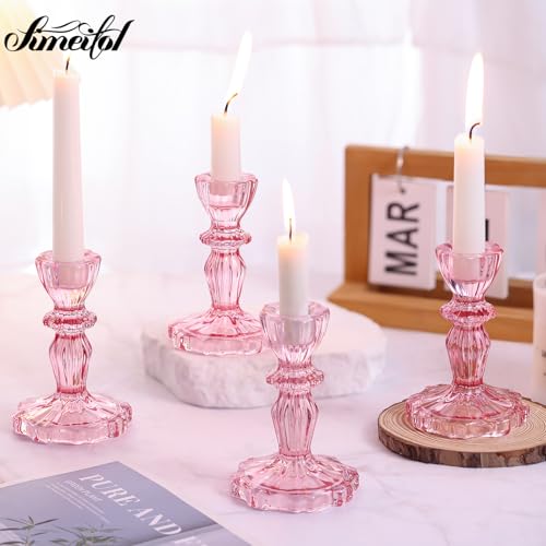 Simeitol 12pcs Taper Candle Holders, Candlestick Holders, Glass Candle Holder - Vintage Flower Design Candle Holders for Wedding, Baby Shower & Mother's Day Decorations (Pink) by simeitol - Image 7