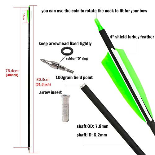 Zshjgjr 30 Inch Archery Carbon Arrows Hunting Arrows With 4” Turkey Feather Target Practice Arrows Spine 500 For Compound & Recurve &Traditional Bow 6/12Pcs (12 X Green Arrows) #TOP2