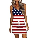 Sleeveless Sundress for Women July 4th American Flag V-Neck Dresses Drawstring Waist Summer Beach Ca