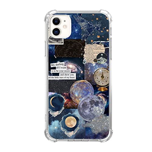 Qimulgociz Vintage Celestial Sun Moon Star Pattern Collage Handyhülle für iPhone 11, Aesthetic Space Planet Star Case for Teens Women Männer, Trendy Cool TPU Case Cover for iPhone 11