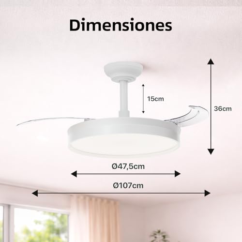 Miniatura 2 de Ventilador Con Luz 68w Ventilador Invisible Ultra Silencioso Con Mando A Distancia Y Palas Retráctiles Decoración Luz Fría Neutra Cálida Interiores Plafón Lluminación Blanco Liso