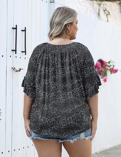Image of Micoson Womens Plus Size Tops 3 /4 Ruffle Sleeve Crewneck Pleated Shirts