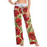 Oarencol Red Poppies Pantalon de pyjama vintage pour femme Motif floral Vert, multicolore, L