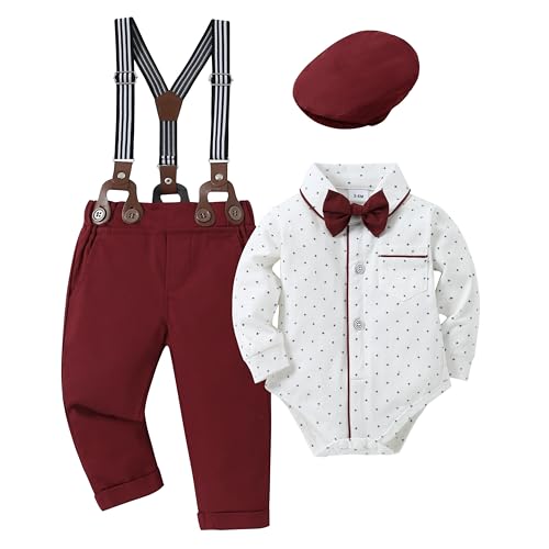 Image of CARETOO Baby Boy Clothes Suit Infant Gentleman Boy Outfits Dress Shirt/Bowtie/Suspender Pants Set 0-18 Months