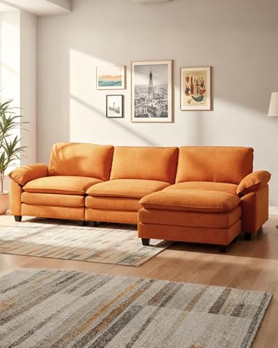 Karl home Sectional Sofa Modular Deep Seat Sofa Couch with Ottoman, Chenille Sofa Sleeper Comfy Upholstered Furniture for Living Room, Apartment, Studio, Office, (3-Seat & 1-Ottoman, Orange)
