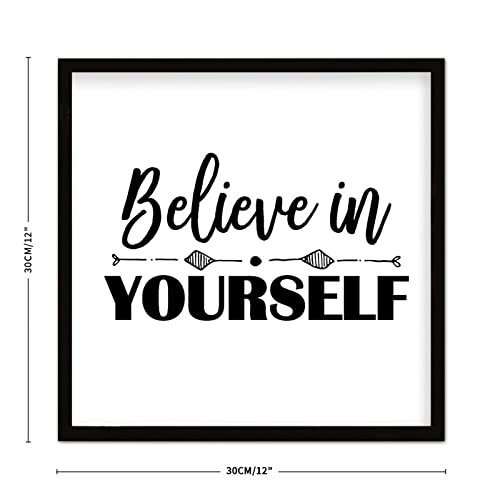 Chic Style Framed Wood Sign With Inspirational Quotes Believe In Yourself Wall Mounted Black Frame Wooden Plaque For Office Cafe Bar Farmhouse Porch Garden Yard Cafe Bar Cottage Wall Decor 12X12In #TOP1